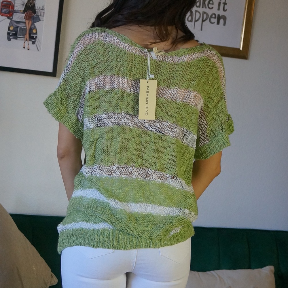 Fashion BLVD White & Green Oversized Knitted Short Sleeve Top Striped - Picture 3 of 8